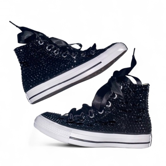 Jet Black Crystal High Top Converse Sizes 5-14 New In Box With Ribbon Laces - Picture 3 of 12